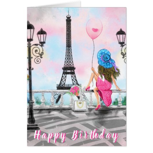 Happy Birthday Card Frau mit Pink Balloon (Vorne)
