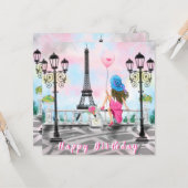 Happy Birthday Card Frau mit Pink Balloon Karte (Vorderseite/Rückseite Beispiel)