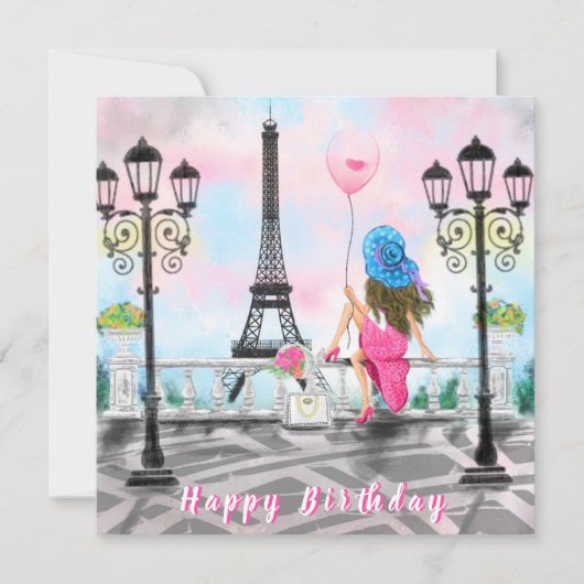 Happy Birthday Card Frau mit Pink Heart Balloon Karte (Vorderseite)