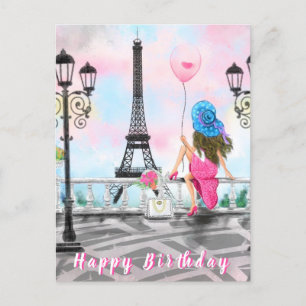 Happy Birthday Card Frau mit Pink Heart Balloon Postkarte