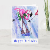 Happy Birthday Card Funny Pink Flamingo Skier Karte (Vorderseite)