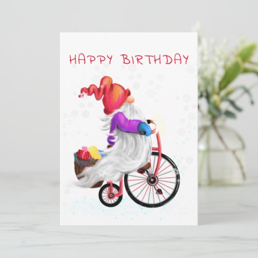 Happy Birthday Card Gnome mit Bike und Geschenken (Stehend Vorderseite)