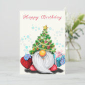 Happy Birthday Card Gnome mit Weihnachtsbaumhut (Stehend Vorderseite)