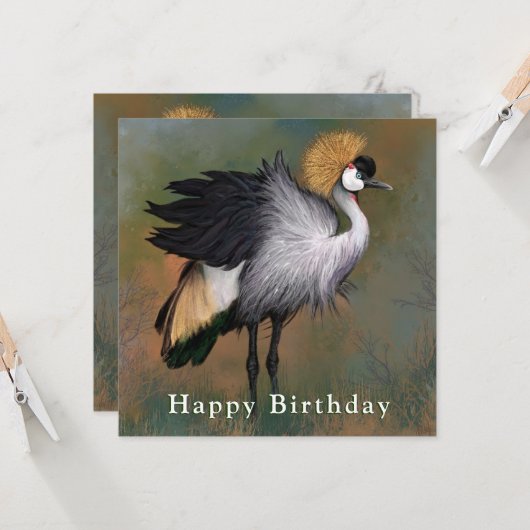 Happy Birthday Card Gray Crowned Crane Bird Karte (Vorderseite/Rückseite Beispiel)