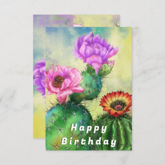 Happy Birthday Card Lila Pink Red Cactus Blume (Vorne/Hinten)