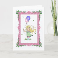 Happy Birthday Card Little Girl Holding Ballons