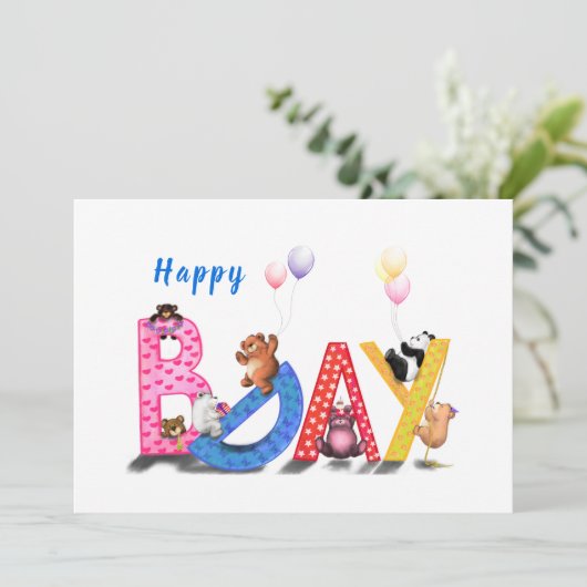 Happy Birthday Card mit Baby Bears Party (Stehend Vorderseite)