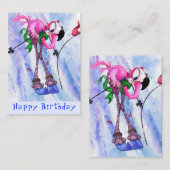 Happy Birthday Card mit Funny Pink Flamingo Skier Mitteilungskarte (Vorne/Hinten)