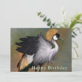 Happy Birthday Card mit grauem Kranvogel (Stehend Vorderseite)