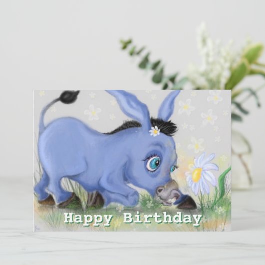 Happy Birthday Card mit Little Donkey und Daisy (Stehend Vorderseite)