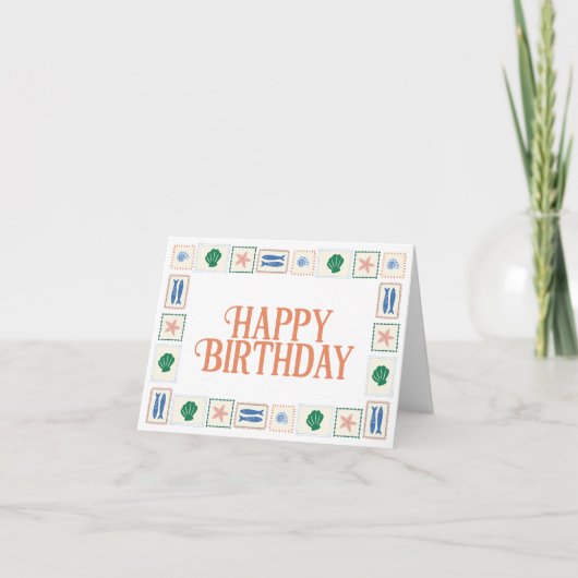 Happy Birthday Card mit Seashell Border Coastal Karte (Vorderseite)