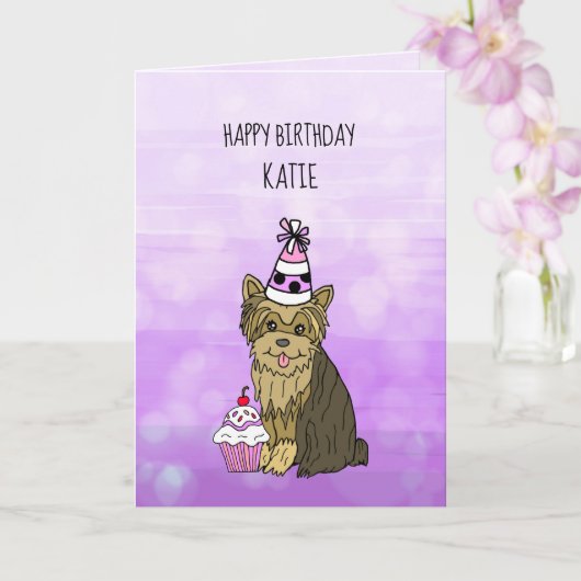 Happy Birthday Card mit Yorkie und Cupcake Karte (Orchidee)