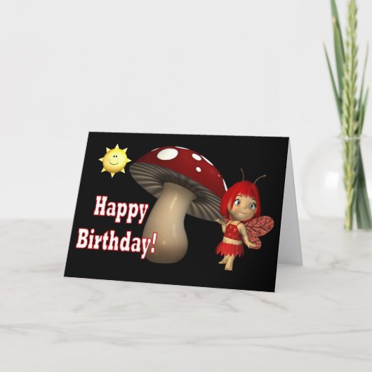 Happy Birthday Card Red Fairy Pilz mit Sonne Karte (Vorderseite)