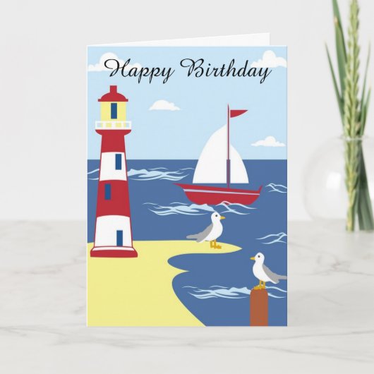 Happy Birthday Card Sailboat and Lighthouse Karte (Vorderseite)