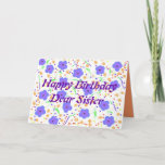 Happy Birthday Card Sister Karte<br><div class="desc">Vollständig anpassbar,  personalisieren,  Name hinzufügen,  Beziehung ändern,  Nachricht. Hübsche Blume und Punkte in Blau,  lila und Orange.</div>