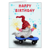 Happy Birthday Card Skater Gnome mit Geschenken (Vorne)
