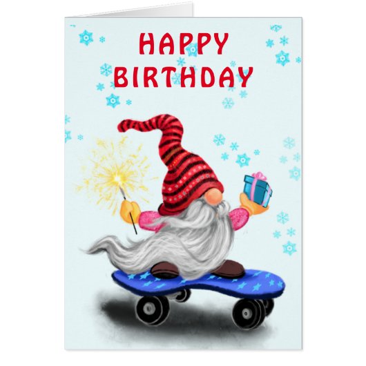 Happy Birthday Card Skater Gnome mit Geschenken (Vorne)