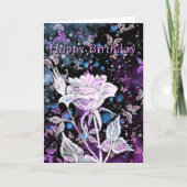 Happy Birthday Card Winter Rose und Schmetterlinge Karte (Vorderseite)