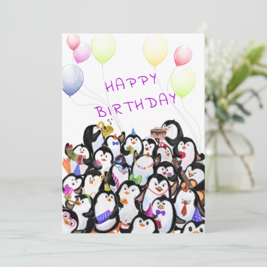 Happy Birthday Card with Happy Penguins Party (Stehend Vorderseite)