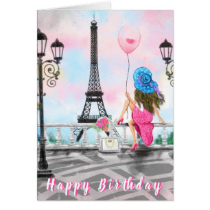 Happy Birthday Card Woman in Paris Eiffelturm