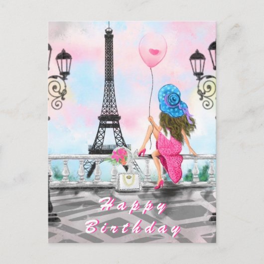 Happy Birthday Card Woman in Paris - Eiffelturm Postkarte (Vorderseite)