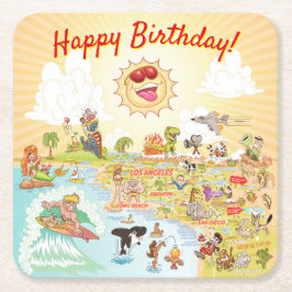 Happy Birthday Cartoon California Square Untersetz Rechteckiger Pappuntersetzer