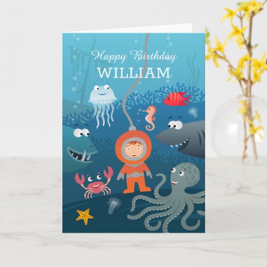 Happy Birthday Cartoon Diver Underwater Life Karte (Gelbe Blume)
