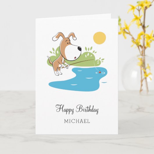 Happy Birthday Cartoon Niedlicher Hund Welpenfang Karte (Gelbe Blume)