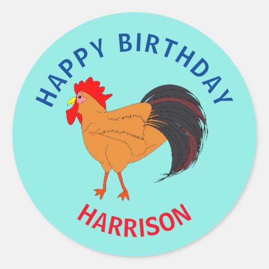 Happy Birthday Cartoon Rooster Runder Aufkleber (Vorderseite)