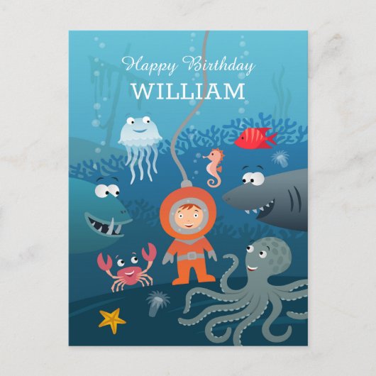Happy Birthday Cartoon Tauchen Unterwasser Leben N Postkarte (Vorderseite)
