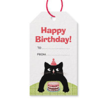 Happy Birthday Cat, cake and ballons Gift Tag