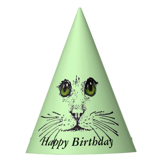 Happy Birthday Cat Face Big Green Eyes Partyhütchen (Vorderseite)