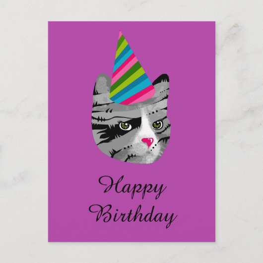 Happy Birthday Cat in Party Hat Einladungspostkarte (Vorderseite)