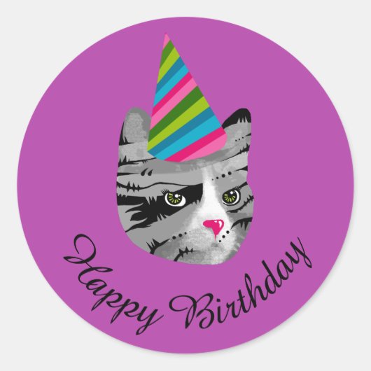 Happy Birthday Cat in Party Hat Runder Aufkleber (Vorderseite)