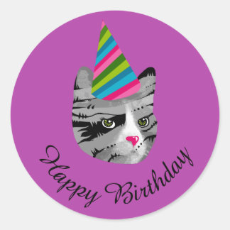 Happy Birthday Cat in Party Hat Runder Aufkleber