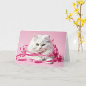 Happy Birthday Cat in Pink Ribbons Karte (Gelbe Blume)
