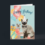 Happy Birthday Cat Lover | Funny Edith Text Karte<br><div class="desc">Niedliche Abbildung einer siamesischen Katze mit einem Party Hut und Krawatte. Der Text auf der Vorderseite und im Inneren der Karte ist vollständig editierbar. Standardtexte lauten "Happy Geburtday" mit "Du bist alt!" im Inneren, wobei eine Gruppe schockierter kitschiger Gesichter darauf reagiert, wie alt du bist. Diese Karte kann an Anzug-Katzenliebhaber...</div>