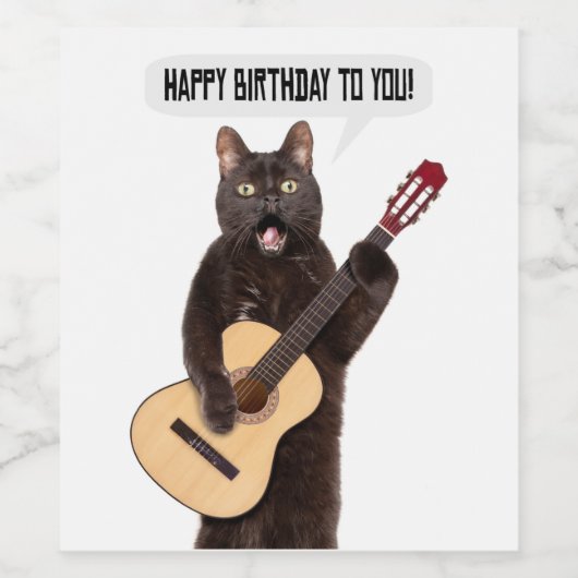 Happy Birthday Cat Singen und spielen Gitarre Holi Weinetikett (Einzelnes Label)