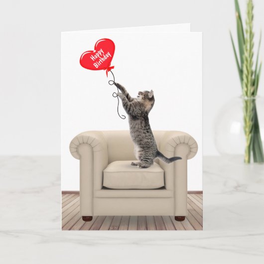 Happy Birthday Cat with Heart Balloon Card Karte (Vorderseite)