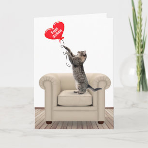 Happy Birthday Cat with Heart Balloon Card Karte