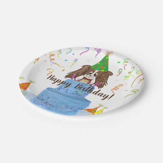 Happy Birthday Cavalier King Charles Spaniel Cake Pappteller (Schrägansicht)