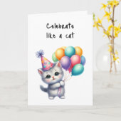 Happy Birthday Celebrate like a Cat Hat Balloons Karte (Gelbe Blume)