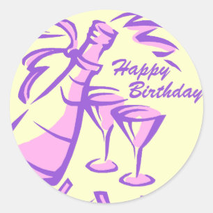 Happy Birthday Champagne Flasche und Brille Runder Aufkleber