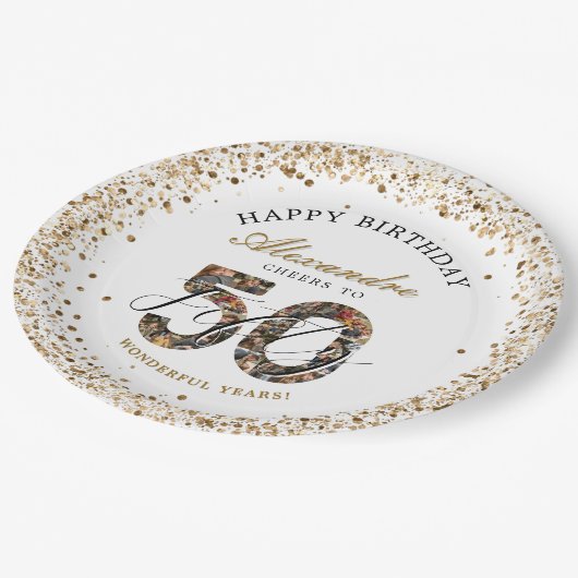 Happy Birthday Cheers To 50 Years Photo Collage Pappteller (Schrägansicht)
