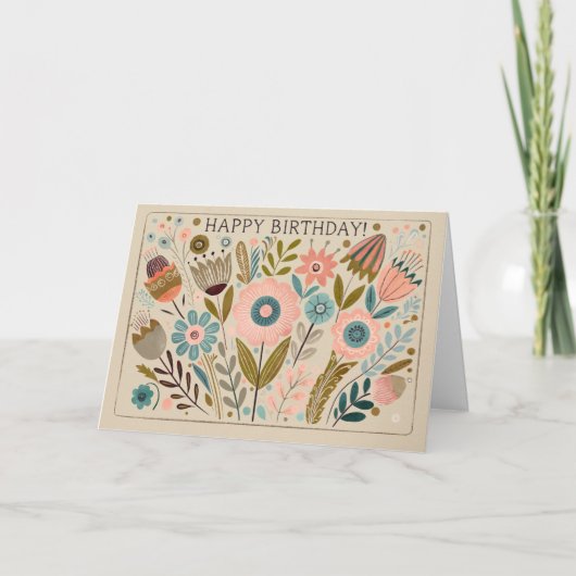 Happy Birthday Cheery Gouache Folk Art Floral Dankeskarte (Vorderseite)