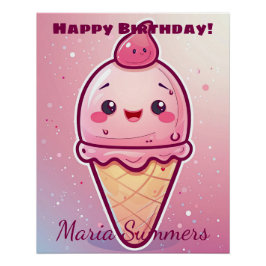 Happy Birthday Cherry Ice-Creme Kawaii Cartoon Poster