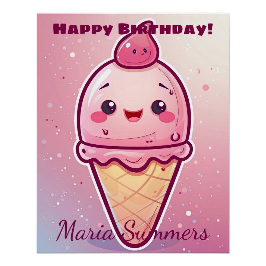 Happy Birthday Cherry Ice-Creme Kawaii Cartoon Poster (Vorderseite)