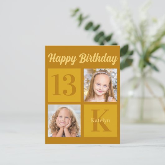Happy Birthday Chic Gold 2 Foto Personalisiert Postkarte (Stehend Vorderseite)