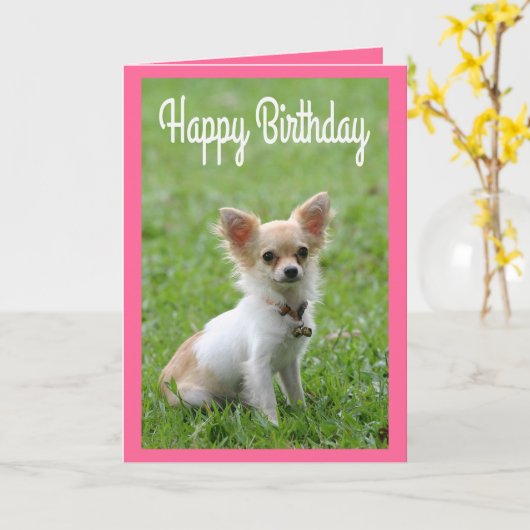Happy Birthday Chihuahua Puppy Pink Grußkarte Karte (Gelbe Blume)