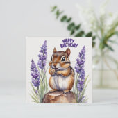 Happy Birthday Chipmunk mit Lavender Blume Karte (Stehend Vorderseite)